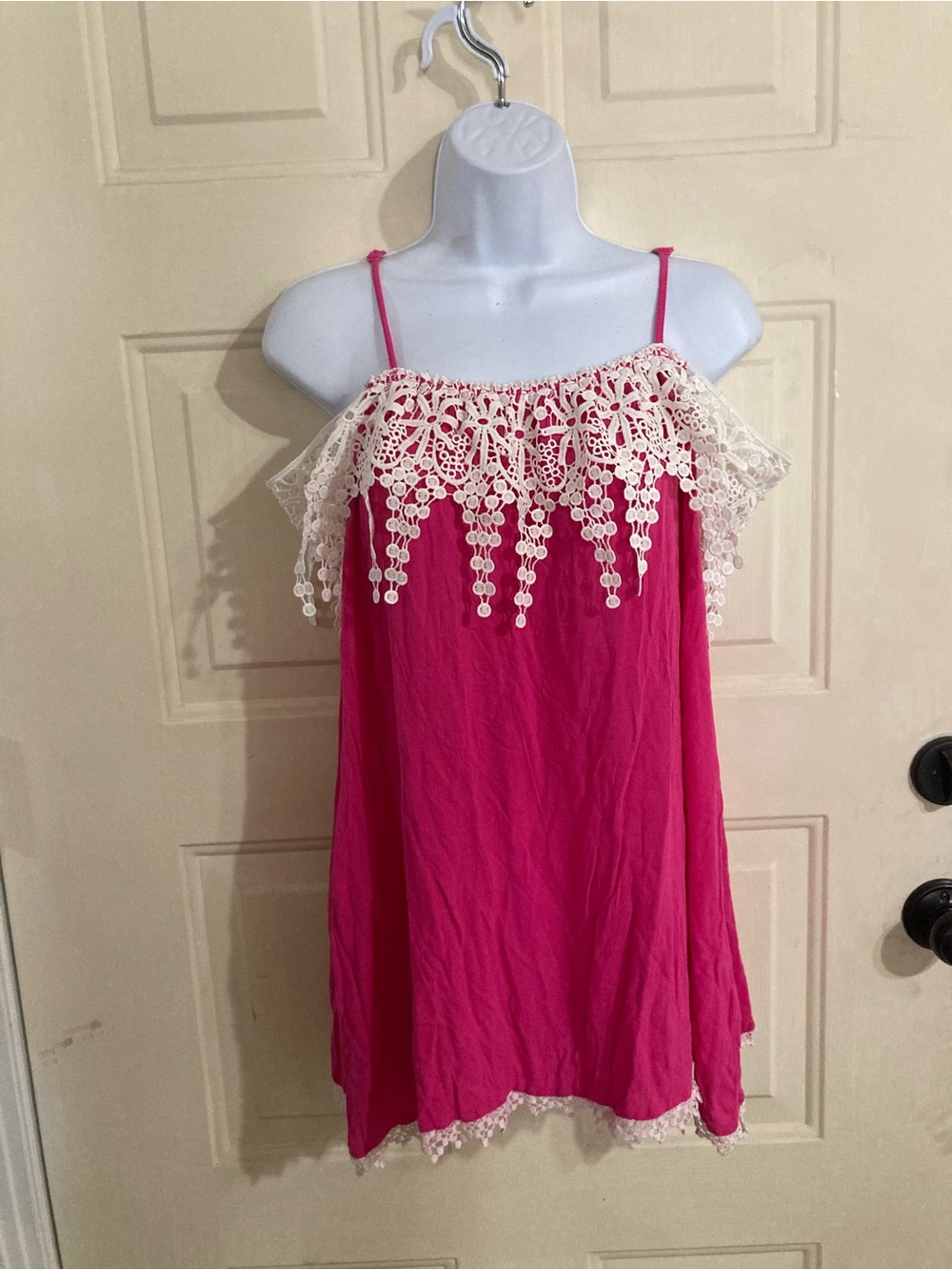 Girls Hot Pink Lace-Trim Spaghetti Strap Top